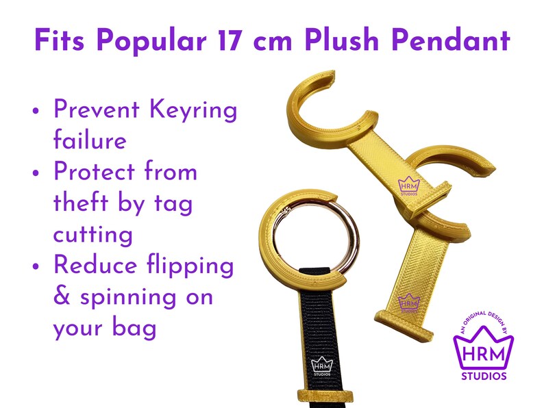 May include: Gold-colored keychain accessories with a black strap and silver ring. Text on the image reads "Fits Popular 17 cm Plush Pendant." Additional text highlights features like preventing keyring failure and reducing flipping on bags.