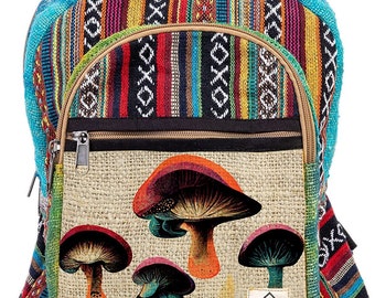 Mushroom Head Hemp Backpack Bag - Eco Friendly Unique Unisex Rustic Durable