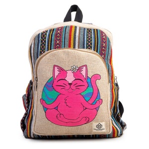 May include: A brown and beige canvas backpack with a pink cat meditating on a colorful swirl design. The backpack has a striped pattern on the front and back.
