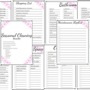 May include: A printable checklist for seasonal cleaning with a pink floral design. The checklist includes sections for different rooms and areas of the house, such as the bedroom, bathroom, kitchen, and hallways. The checklist also includes a shopping list and a maintenance/replace section.