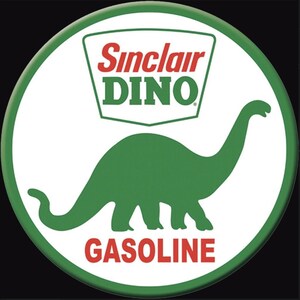 May include: A white circle with a red and green Sinclair DINO logo and a green dinosaur silhouette. The text "GASOLINE" is written in red at the bottom of the circle.