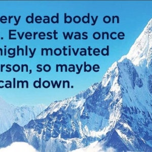 May include: A motivational quote about the dangers of mountain climbing, displayed against a backdrop of snow-capped mountains. The quote reads: "Every dead body on Mt. Everest was once a highly motivated person, so maybe calm down."