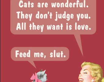 Cats Are Wonderful They Dont Judge You Feed Me Slut. All on a 2x3 Metal Refrigerator Magnet with Glossy Finish.