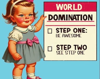 Funny World Domination Step One Be Awesome, 2.5" Square Metal Fridge Decor