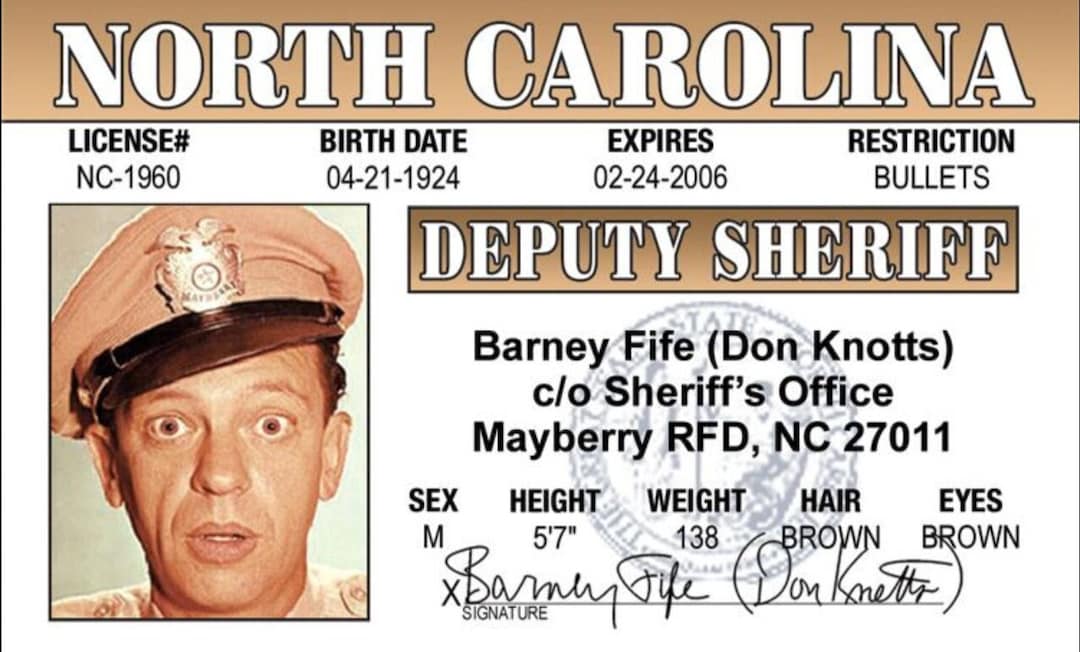 Deputy Barney Fife Drivers License From the Andy Griffith Show on a 3.5