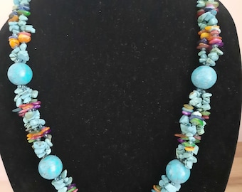 Vintage Large Bead Turquoise and Shell Necklace 32" Fantastic Beautiful Best Gift for Woman