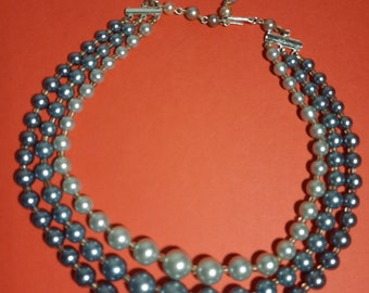 Vintage Japan 3 Strand Beaded Necklace 17" Blue Gray Charcoal Best Gift