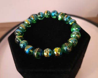 Vintage Clear Green Gold Swirl Bead Bracelet Cashflow Venetian Glass Stretch Best Gift
