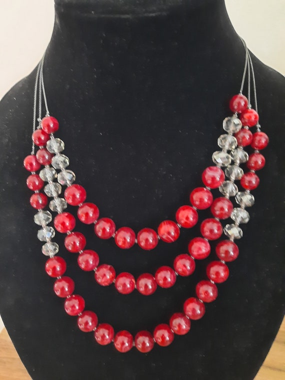 The Limited Burgundy Red Lucite Glass Beaded Trip… - image 1