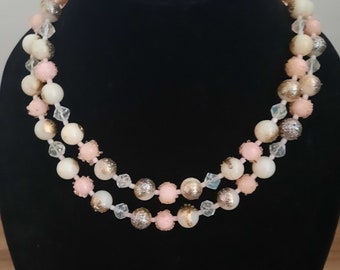 Vintage Pink sugar Art Glass White 2 Stand Japanese Necklace Fashion Best Gift