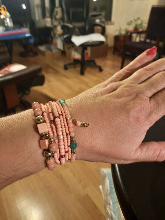 Multi Set Crystal Beaded Bracelet Stack Boho Pink… - image 3