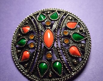 Vintage Signed Emmons Gold Tone  Pendant Green Corral Cabochon Ambre Rhinestones Brooch Pin Best Gift