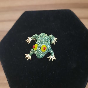 May include: A green frog brooch with red and yellow eyes. The frog is made of metal and has a shiny finish.