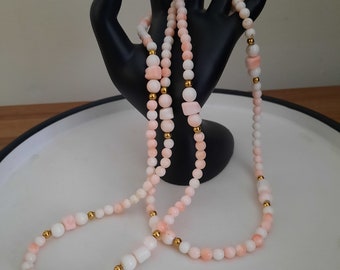 Vintage Faux Coral Angel Skin and Gold Tone Beads Necklace Fashion Best Gift
