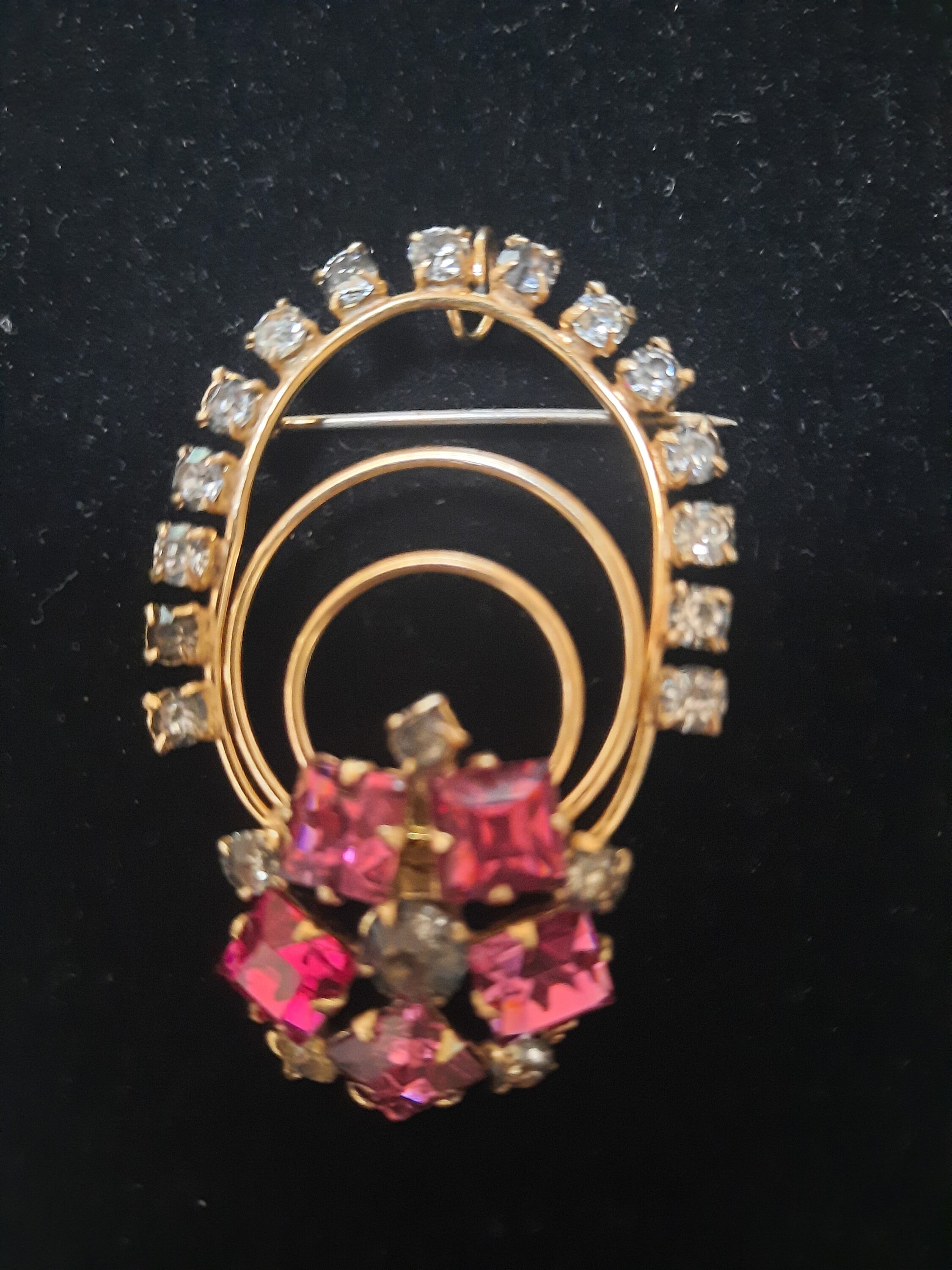 Vintage Silver 12 K GF White Pink Rhinestone Round Brooch Vintage Silver 12 K GF White Pink Rhinestone Round Brooch