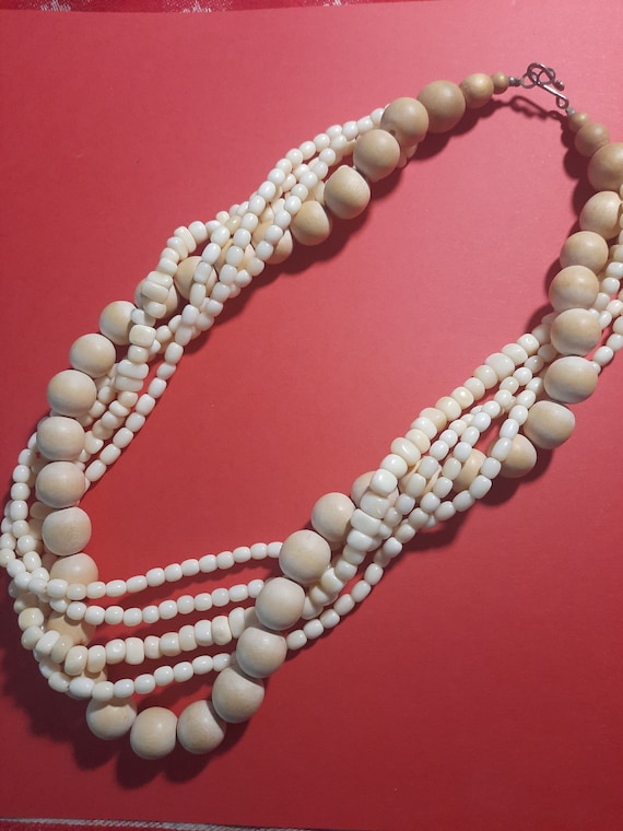 Ivory Wood and Shell Multi Layer Necklace Fashion… - image 1