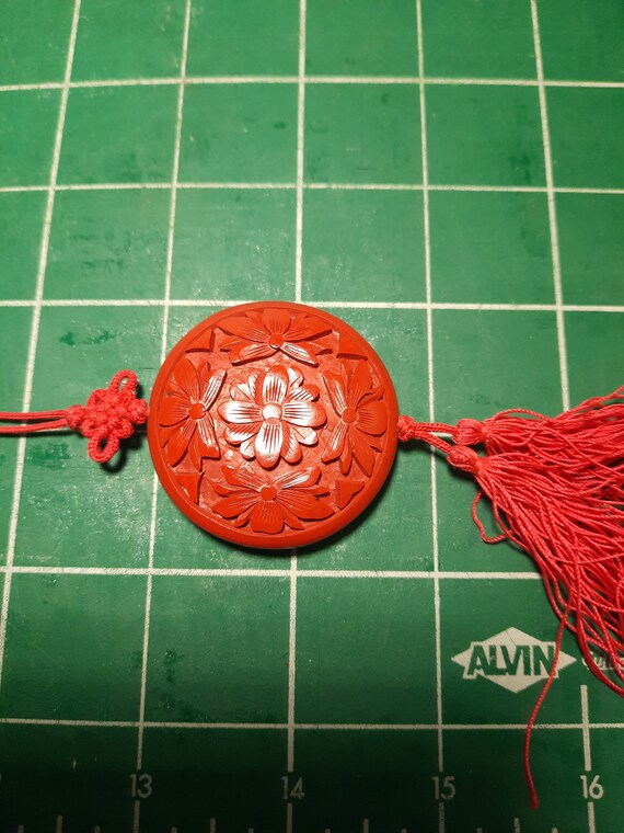 Vintage Hand Carved Chinese Cinnabar Pendant Neck… - image 7
