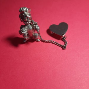 Vintage &quot;33&quot; Silver Tone 3D Poodle Heart Duo Pin Fashion Best Gift