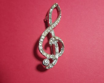 Sparkling Vintage 1950s Diamante Treble Clef Musical Note Pin Fashion Best Gift