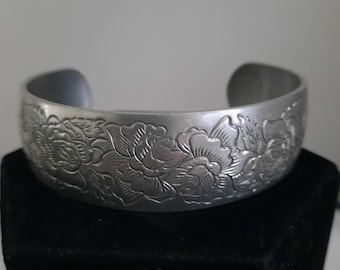 Vintage Kirk Stieff Pewter "ROSE" Cuff Bracelet Circa 1970's Fashion Best Gif