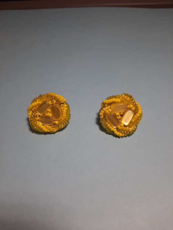 Vintage Japan Yellow Beaded Clip on Earrings Beade