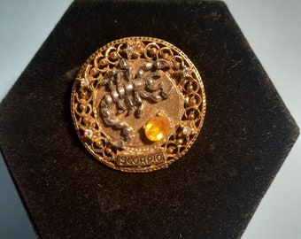 Vintage "ART' Gold Tone Aurora Borealis Rhinestone Scorpio Shield Pin Fashion Best Gift