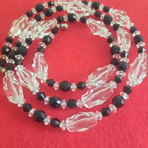 Art Deco Antique Necklace Long Black Clear Oval Cut Rare Lucite Beads