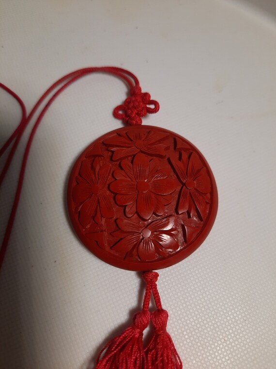 Vintage Hand Carved Chinese Cinnabar Pendant Neck… - image 6