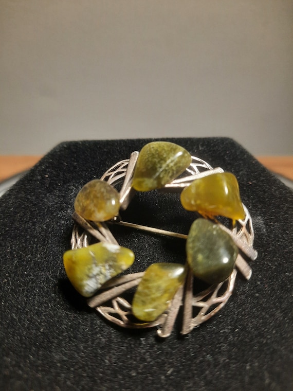 Vintage Scottish Green Marble Silver Tone Gemston… - image 1