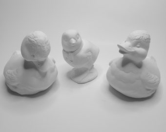 Ceramic Duck Chick Pack 3 pc - Ready to Paint Craft Party Birthday Gift DIY Figures Figurines Animals