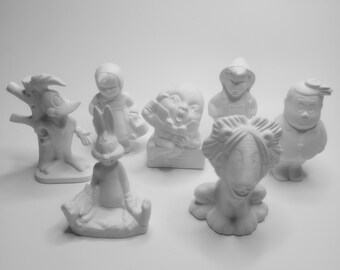 Ceramic Cartoon Pack 7 pc - Paint Craft Birthday Gift DIY Figurines Bugs Bunny Humpty Dumpty Tubby Jack Jill Scruffy Lion Woody Woodpecker