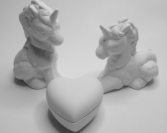 Ceramic Unicorn Heart Box Pack 4 pc - Ready to Paint Craft Party Birthday Gift DIY Figures Figurines Animals