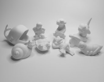 Ceramic Fantasy Animals Pack 8 pc - Ready to Paint Craft Party Birthday Gift DIY Figure Figurine Grasshopper Whale Frog Turtle Unicorn Snail