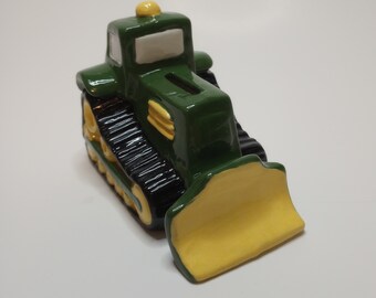Ceramic Bulldozer Bank - Finished or Ready to Paint unfinished Craft Party Gift Paintable DIY Tractor Construction Piggy Bank