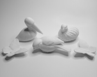Ceramic Bird Pack 5 pc - Ready to Paint Craft Party Birthday Gift DIY Figures Figurines Animals Pelican Quail Ground Bird Butterfly