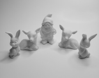 Ceramic Animal Gnome Pack 5 pc - Ready to Paint Craft Party Birthday Gift DIY Figures Figurines Deer Rabbit Bunny