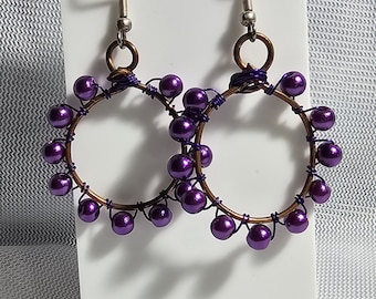 Copper and Purple Glass Pearls Hand Crafted Wire Wrapped Earrings