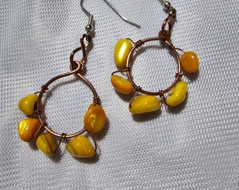 Yelloe (Dyed) Mother of Pearl & Copper Wire Earrings  - Hypoalergenic