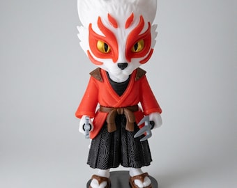 Statuetta Chibi Kitsune, guerriero spirito volpe giapponese, statua Yokai stampata in 3D da 20 cm