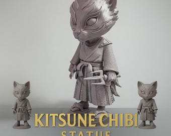 Statua Kitsune Chibi, figura di spirito volpe giapponese da 20 cm, decorazione per mensole stampata in 3D