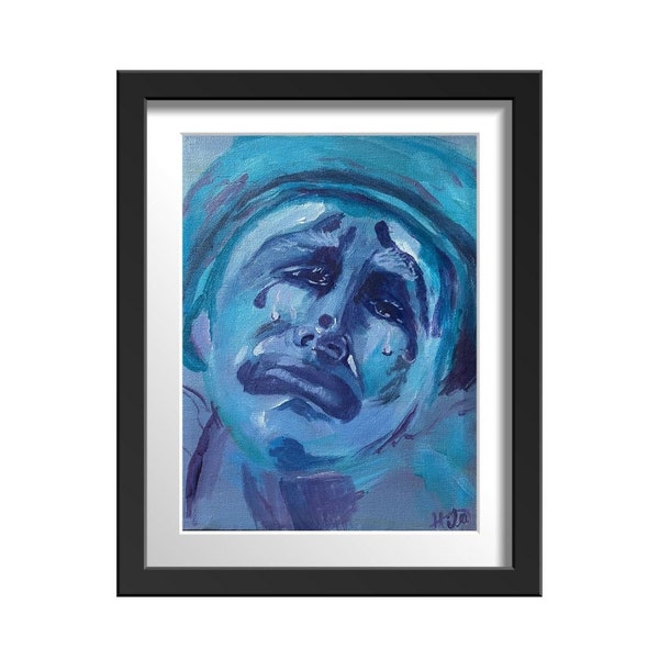 Sad Clown Painting, Blue Art, Boho Art Prints, Sad Clown Print, Clown decor, Clown Art, Home decor, Wall Art