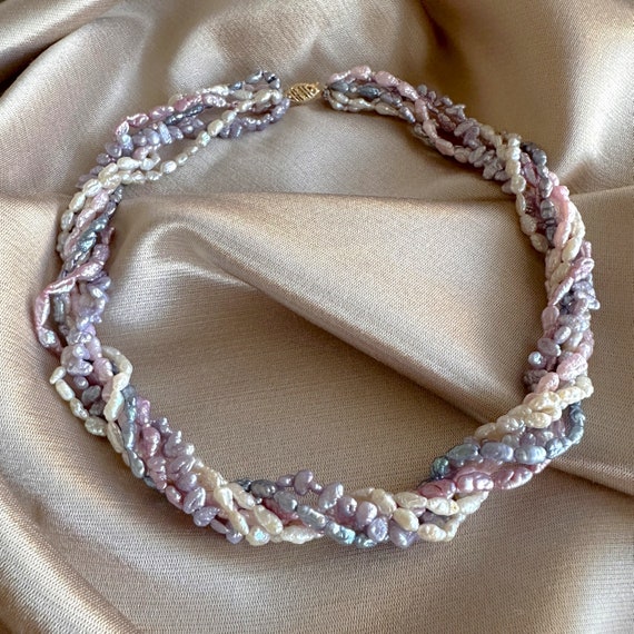 Gorgeous Torsade Pearl Necklace with 14K Solid Gold Clasp Multi Stand Multicolor Real Pearl Necklace Layered Real Rice Pearl Necklace 14K Etsy