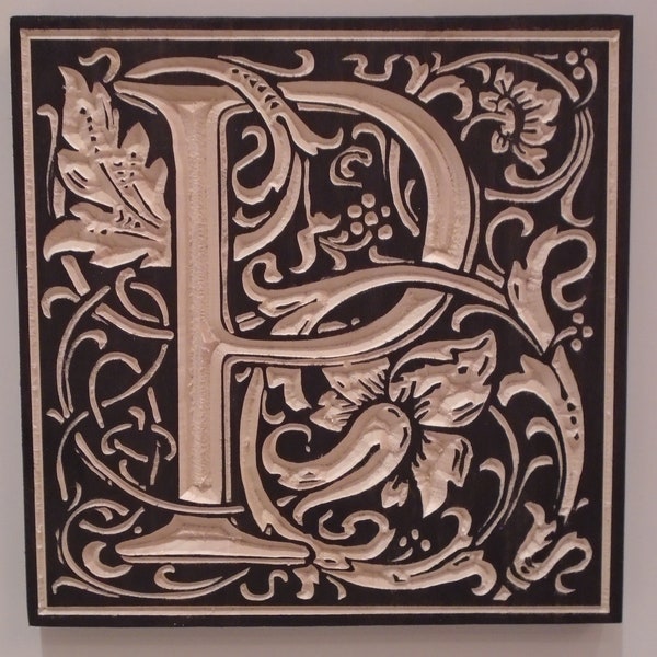 Illuminated Letter P, Wood Wall Art, Wood Engraving, William Morris Design, Capital P