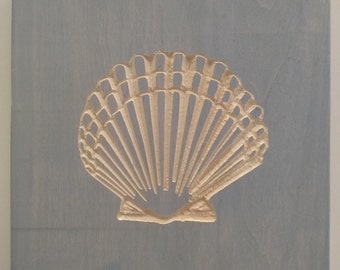 Sea Shell Engraving, Sea Scallop, Aquatic Decor, Wood Wall Art