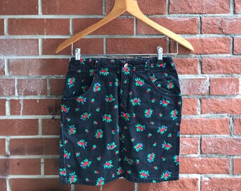 Vintage Esprit 90s Black Denim High Waisted Floral Skirt youth SM womens XXS/XS 26" waist