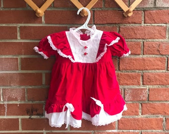 Vintage Baby Red Velvet Christmas Dress Lace Trim Roses Details Ruffle Skirt with Bows 18M