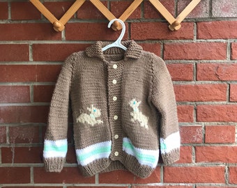 Handknit Toddler Button Front Sweater with Collar Light Brown Puppies White and Green Trim