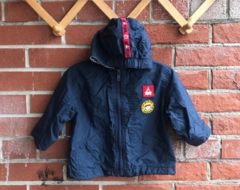 Vintage Sun Valley Blue Zip-up Hooded Windbreaker for Baby in Navy Blue with Red Trim and Sailboat Appliqué 12M