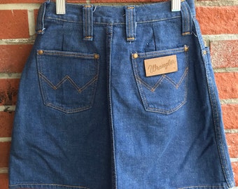 Vintage 70s Wrangler High Waisted Denim Skirt Made in USA Womens xxs, Youth xs/sm Girls L/xl