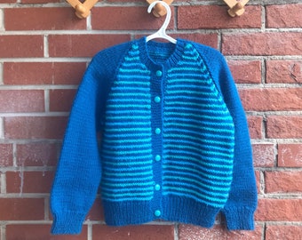 Handknit kids Striped Button Front Sweater Turquoise Stripes